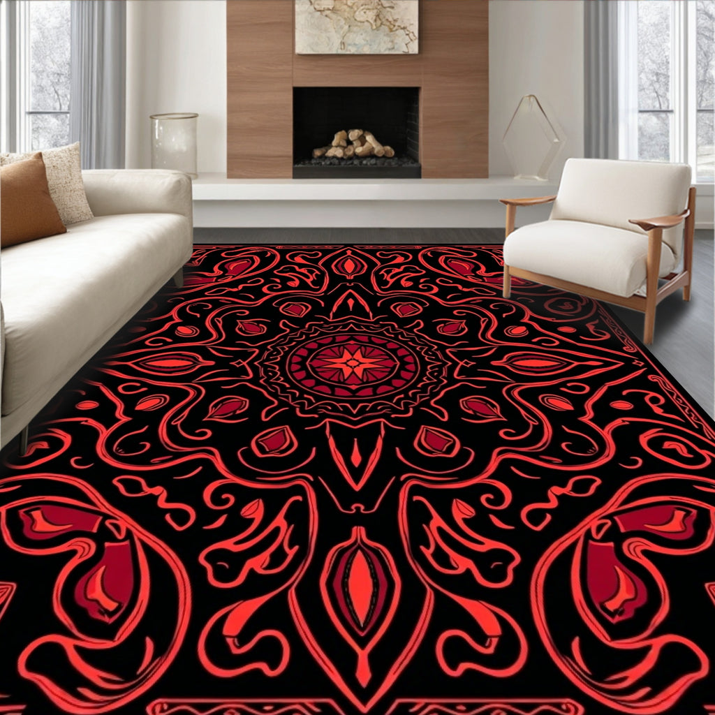 Intricate Red Floral Swirls Design Rug