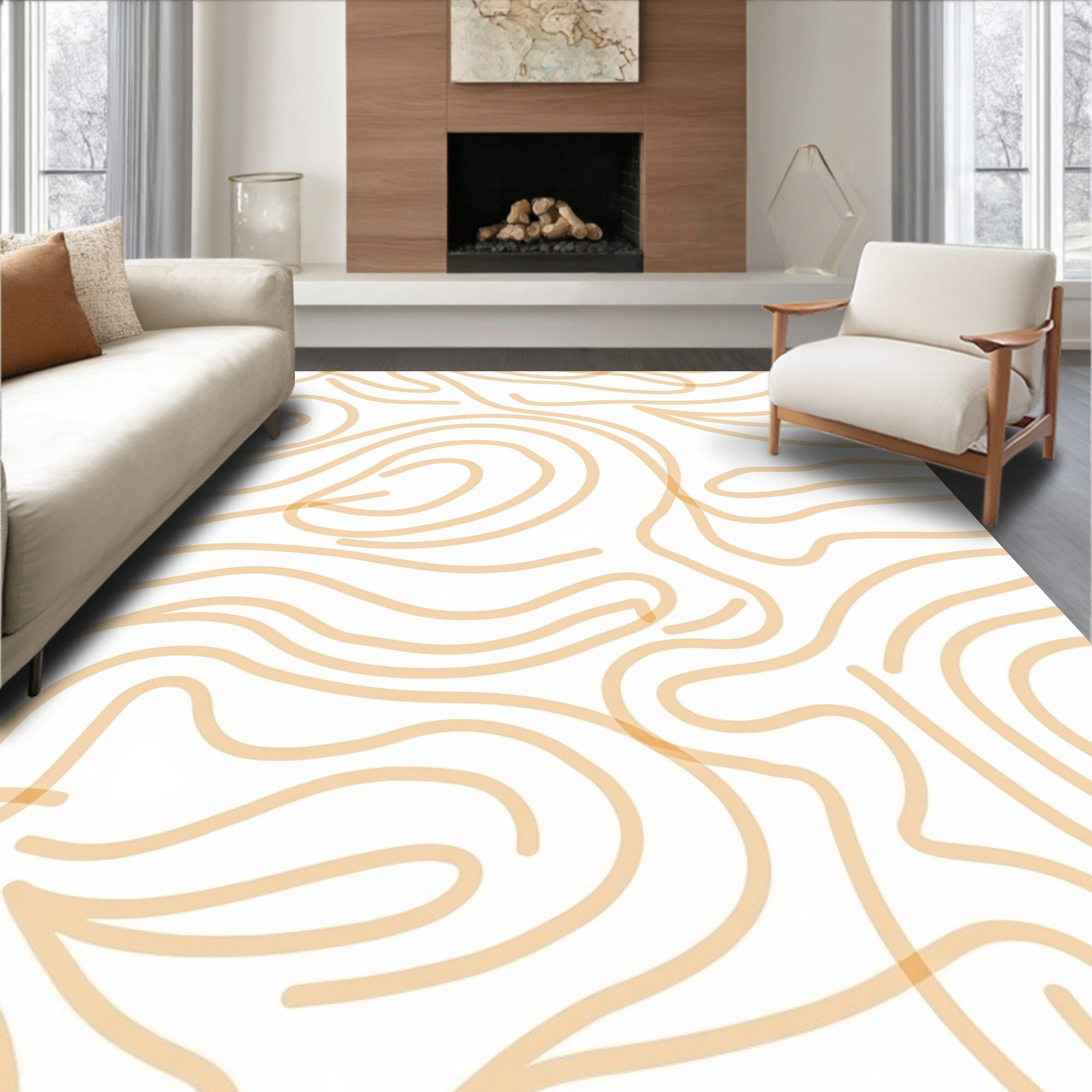Abstract Wavy Cream Modern Pattern Rug