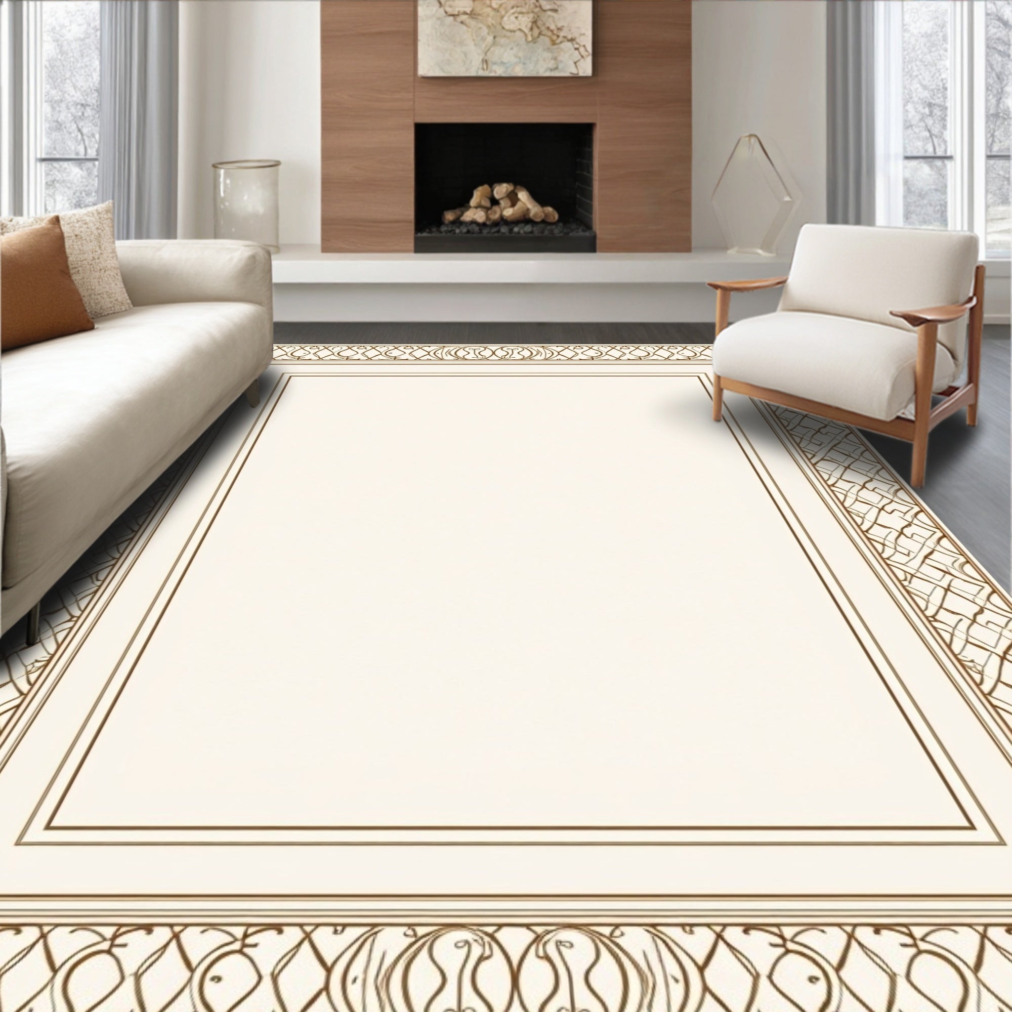Intricate Gold Swirl Border Design Rug