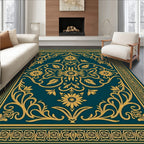 Ornate Teal Gold Floral Scrollwork Rug