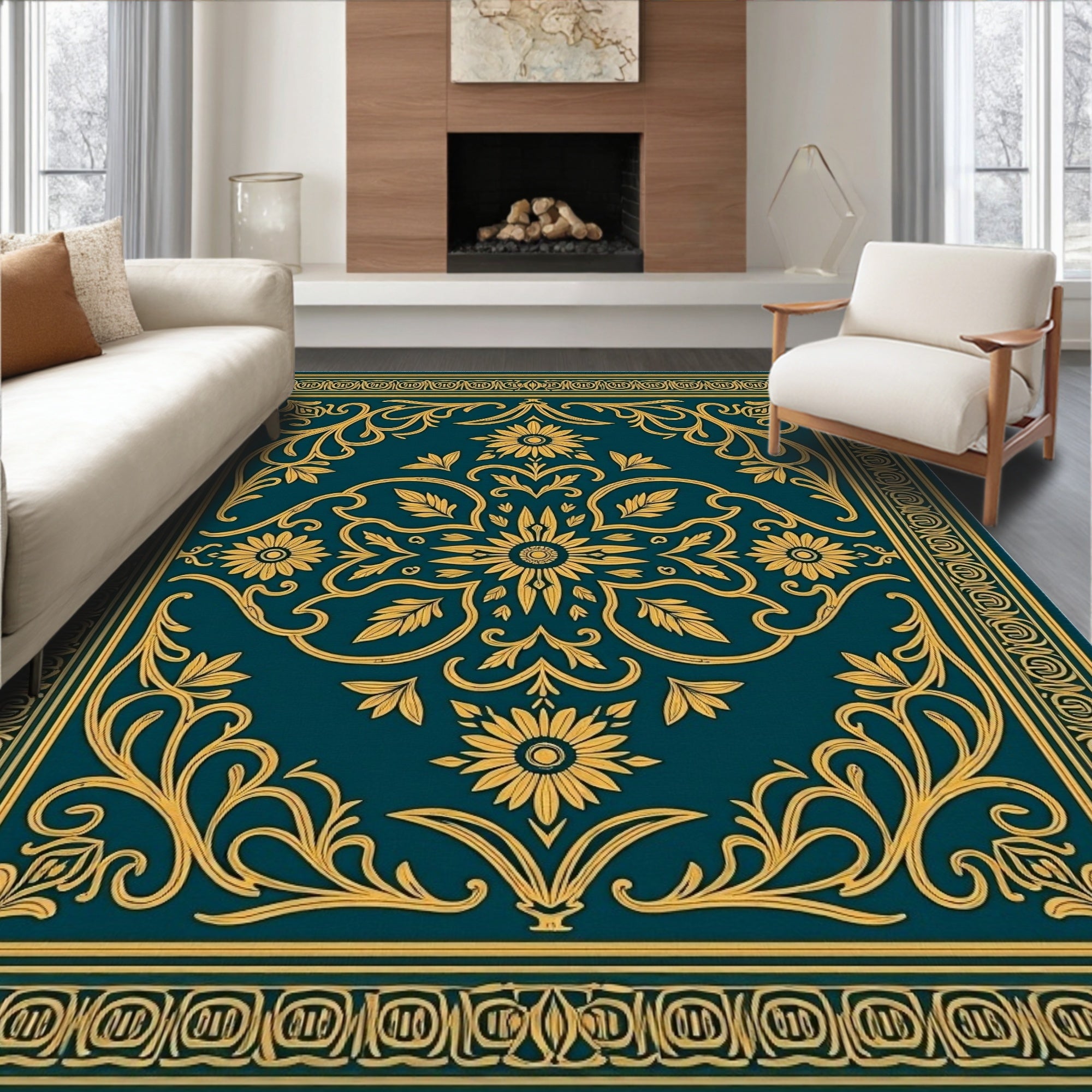 Ornate Teal Gold Floral Scrollwork Rug