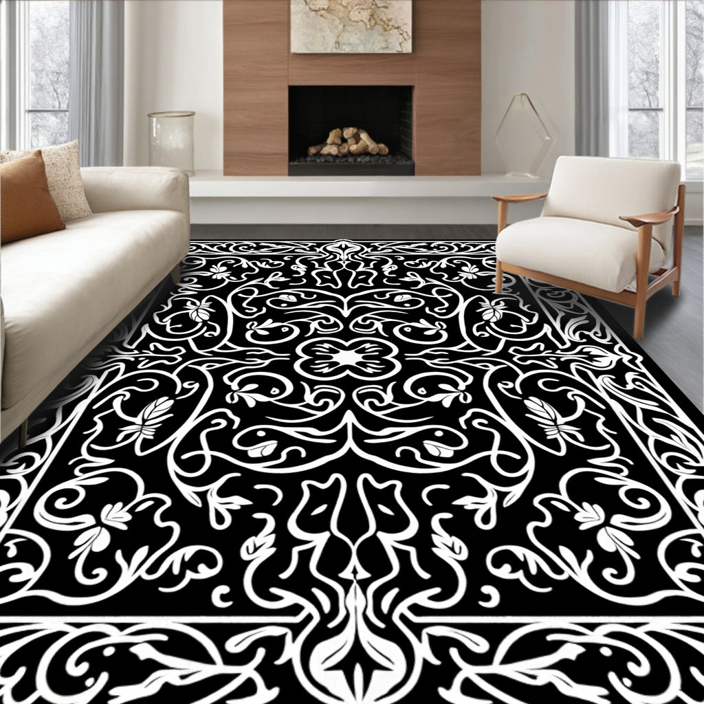 Exotic Black White Floral Swirls Rug