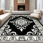 Elegant Black Cream Scrollwork Medallion Rug