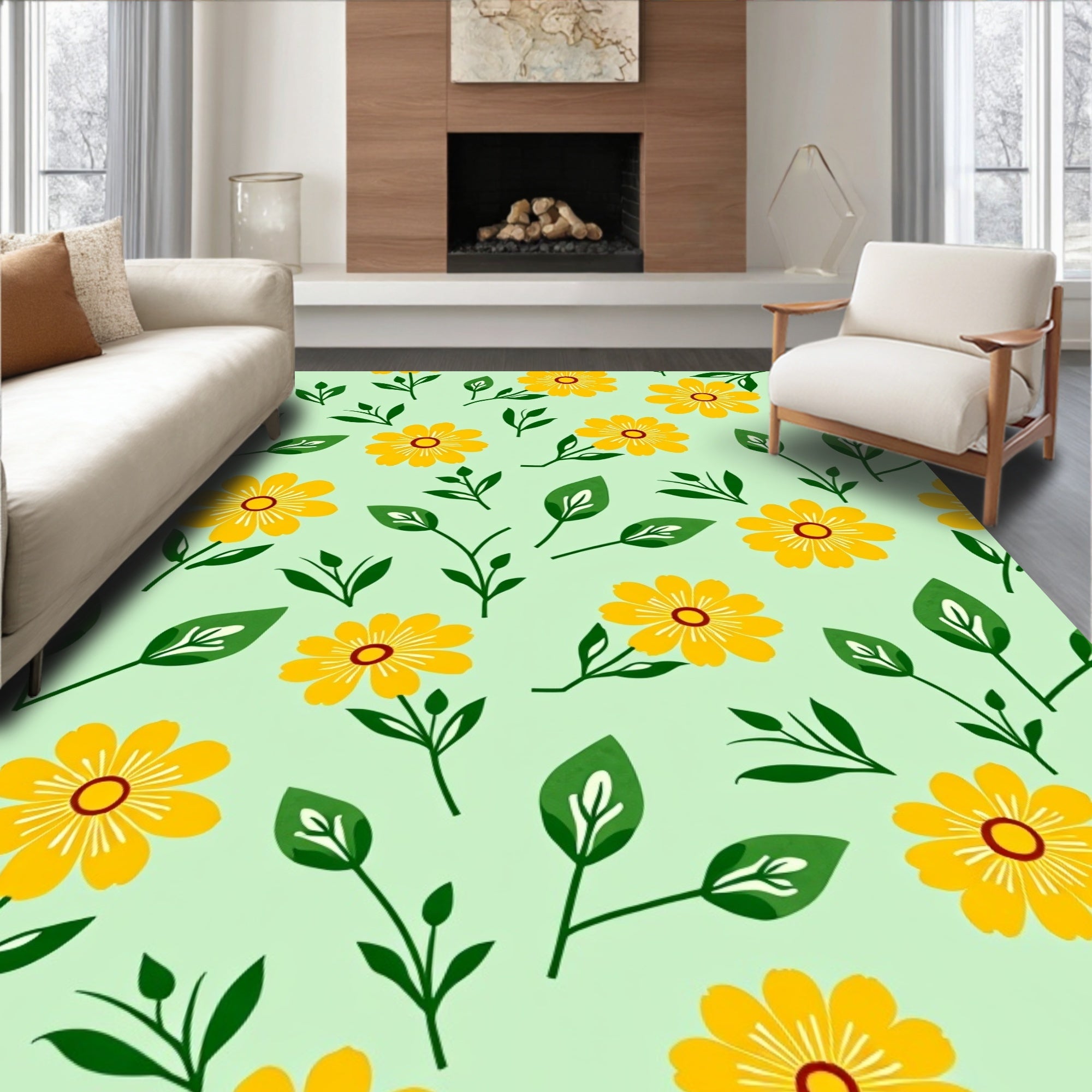 Sunny Yellow Flower Pattern Rug