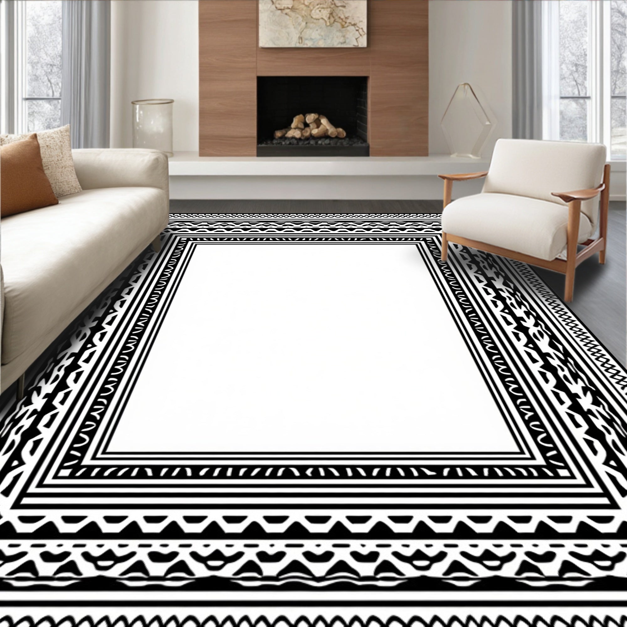 Black White Multi-Layered Tribal Rug
