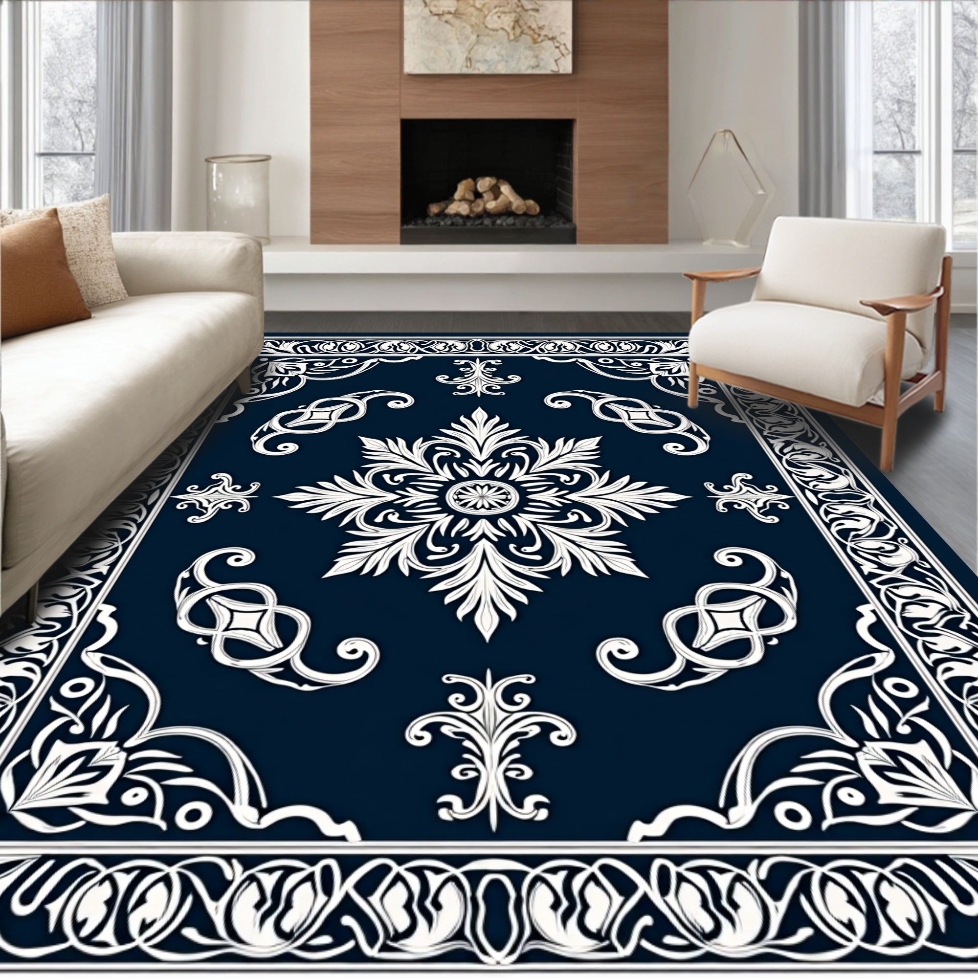 Ornate Floral Scrollwork Dark Rug