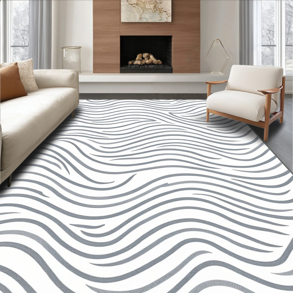 Modern Silver Grey Wavy Stripes Rug