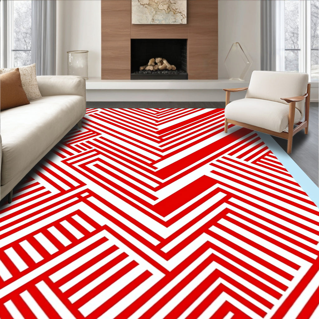 Bold Red White Geometric Stripes Rug