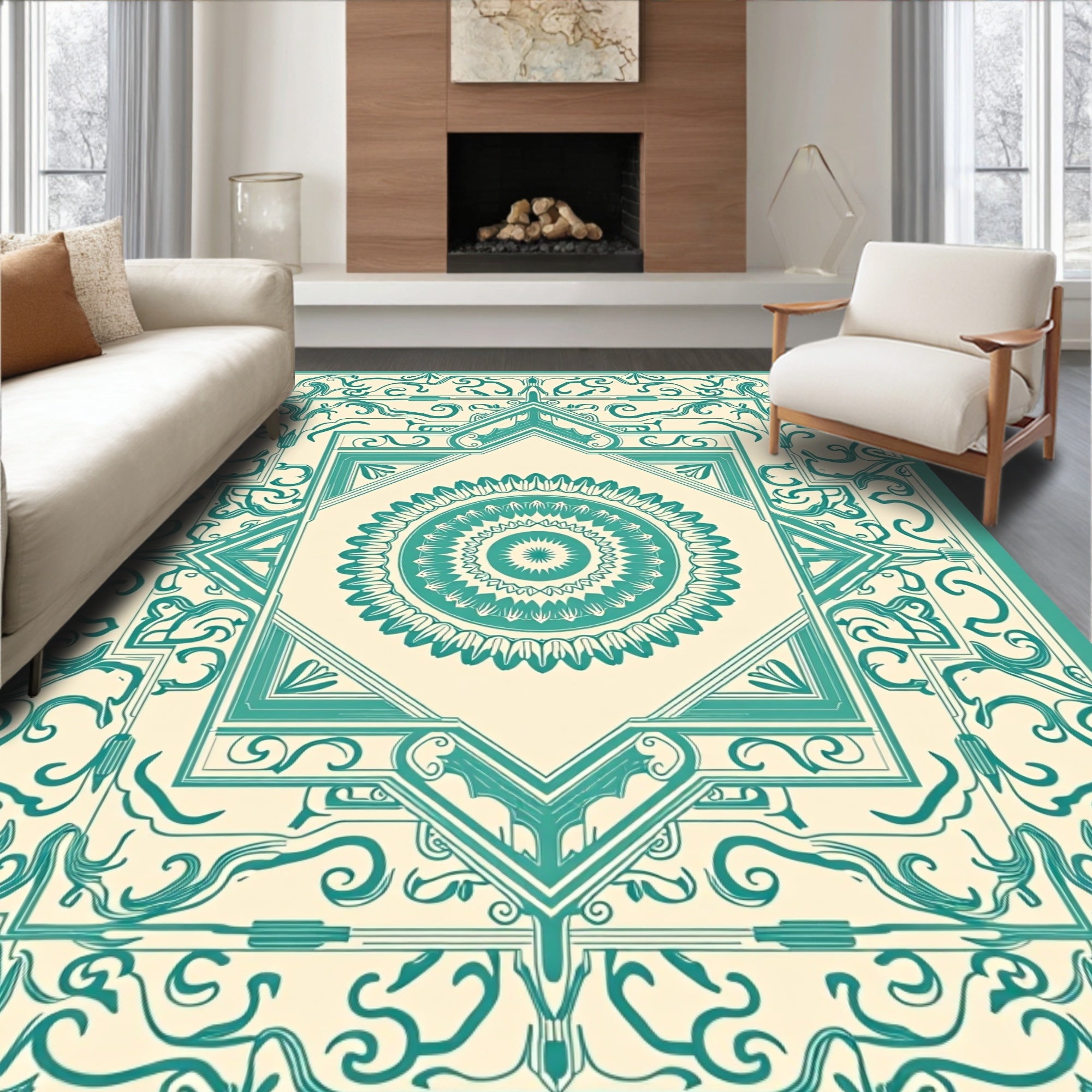 Teal Mandala Art Deco Pattern Rug
