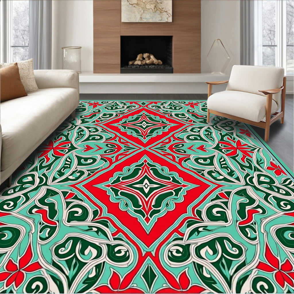 Intricate Teal Red Floral Medallion Design Rug