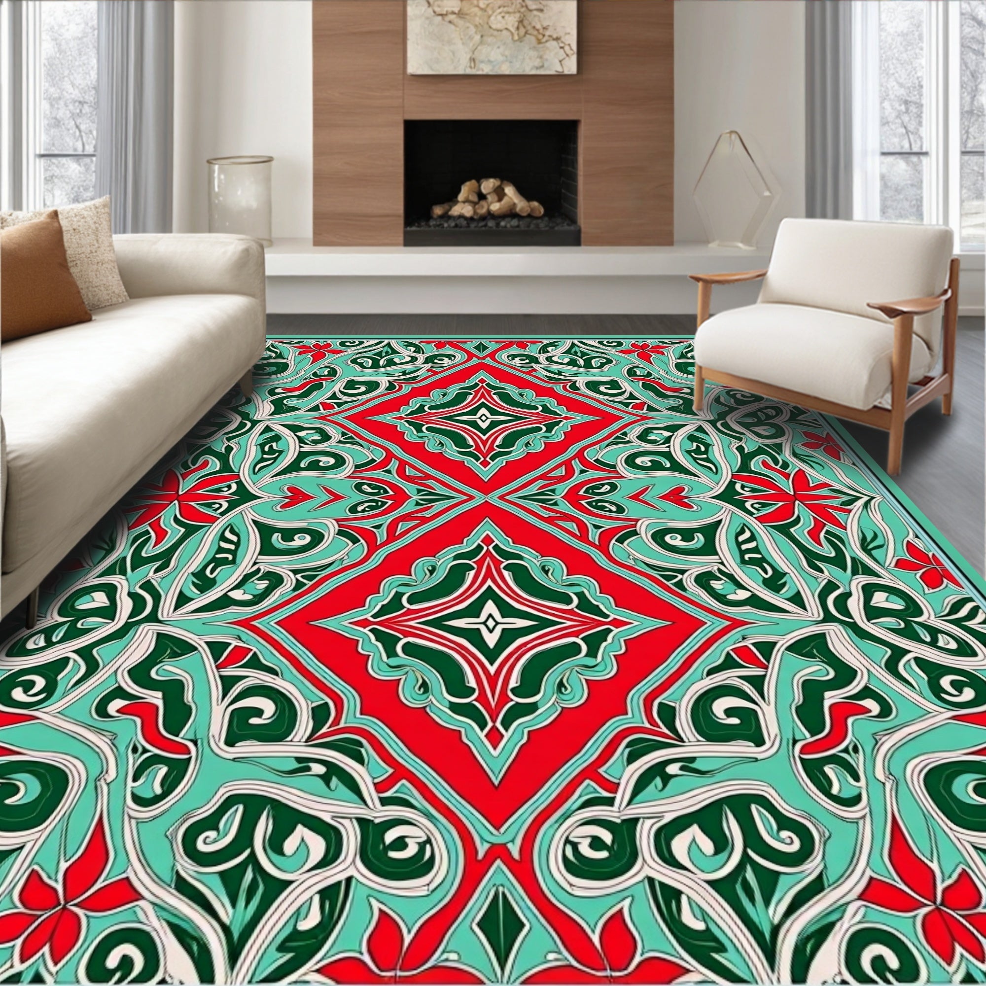 Intricate Teal Red Floral Medallion Design Rug