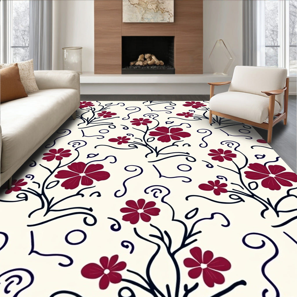 Crimson Vine Scroll Floral Pattern Rug