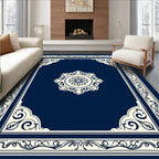 Navy Blue Decorative Floral Frame Rug