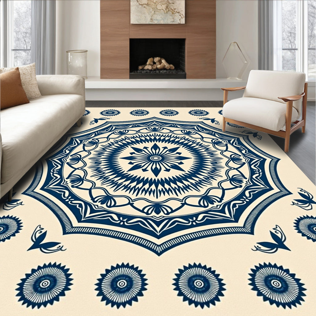 Classic Dark Blue Floral Starburst Rug