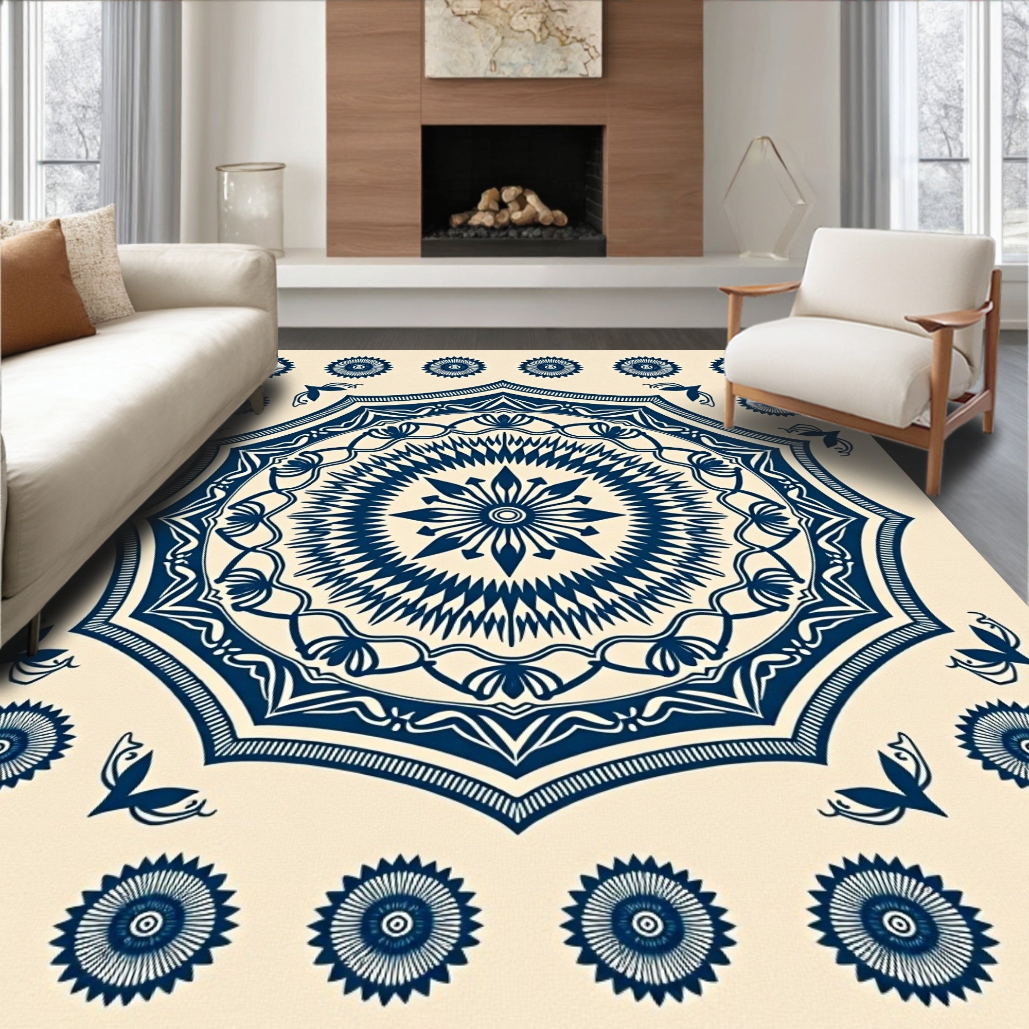 Classic Dark Blue Floral Starburst Rug