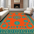 Orange Floral Scroll Pattern Rug