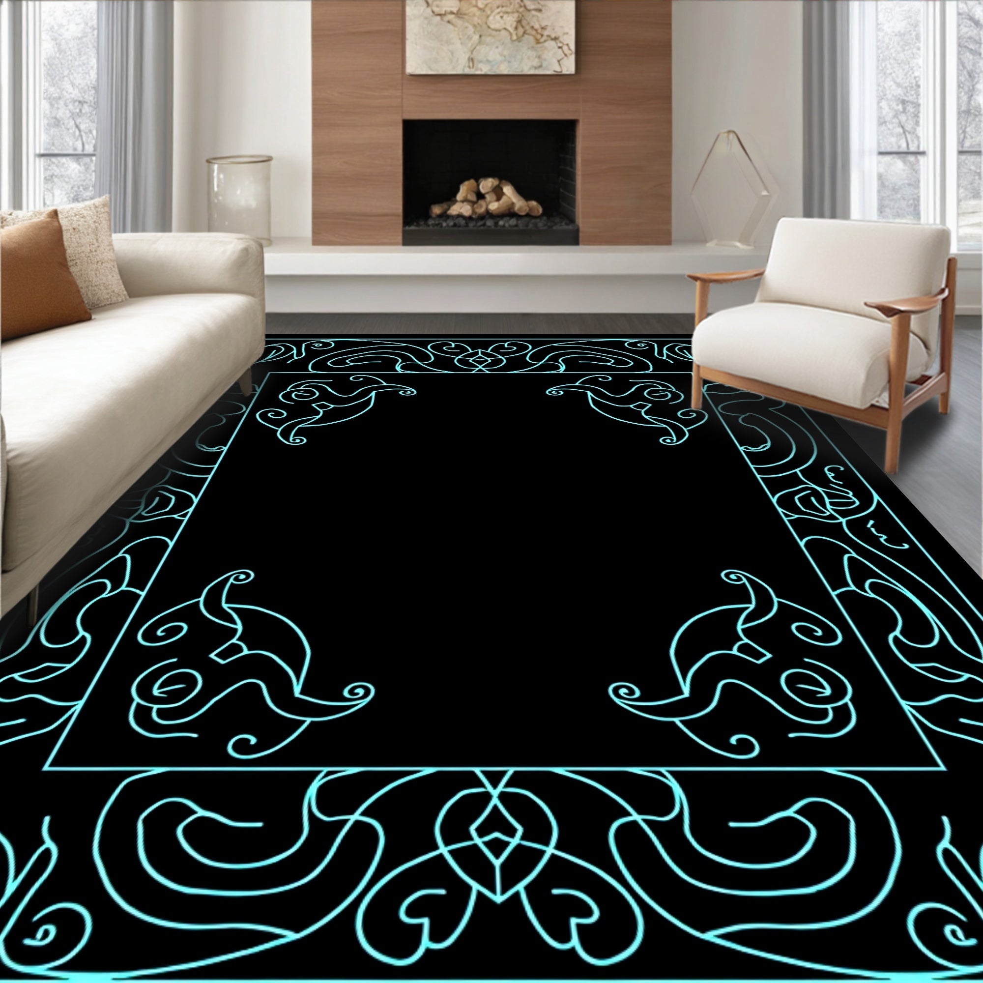 Aqua Abstract Swirl Border Design Rug