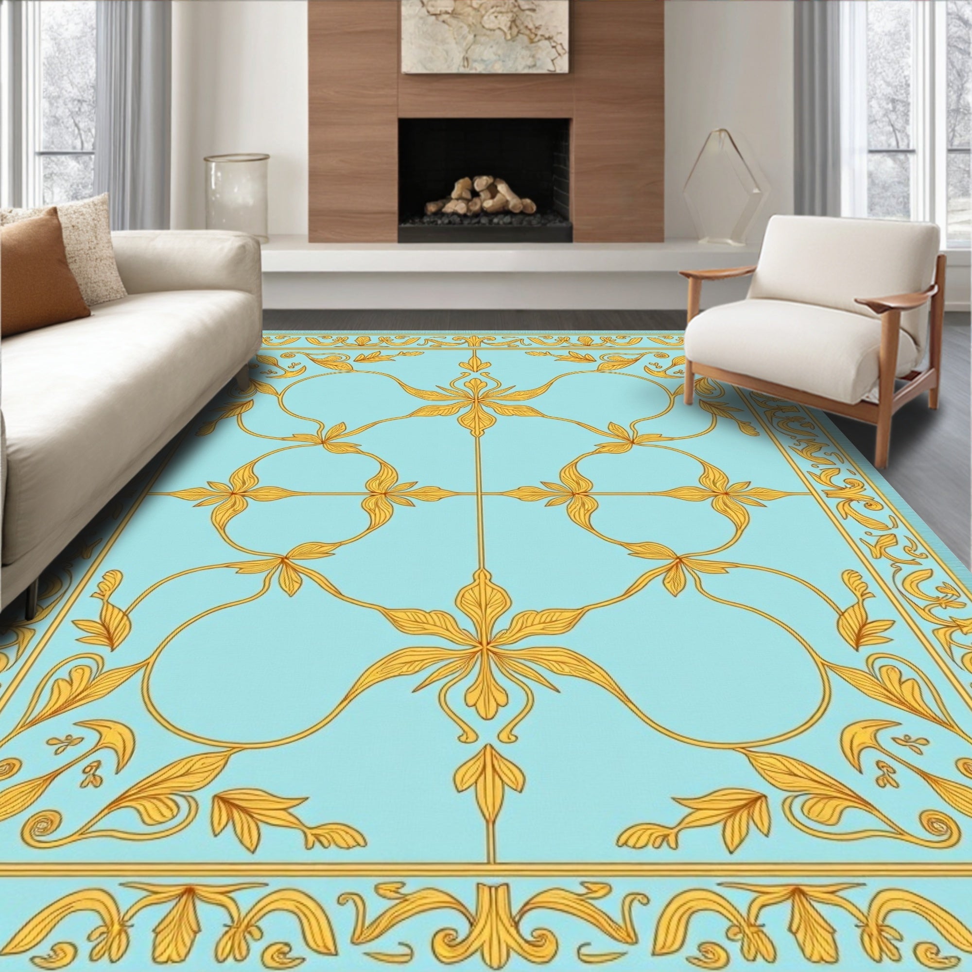 Aqua and Gold Floral Scroll Rug