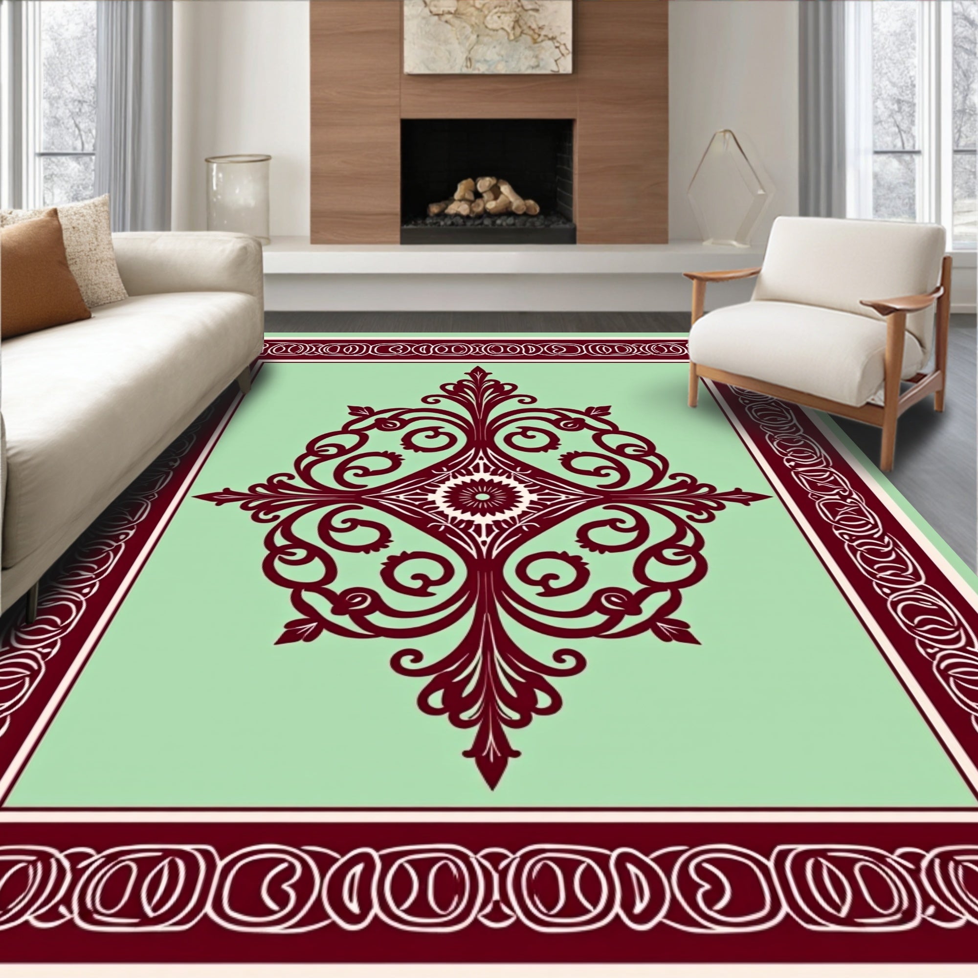 Maroon Pale Green Ornate Floral Design Rug