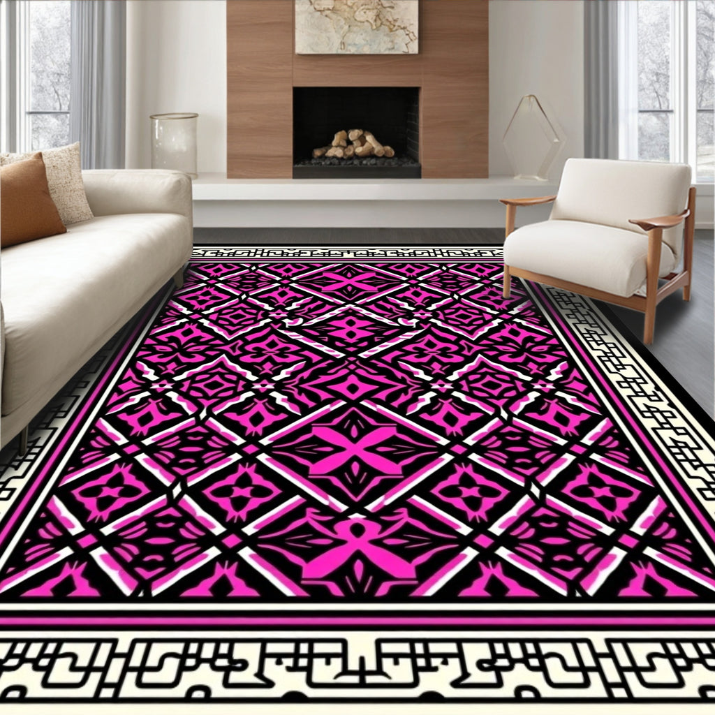 Vibrant Hot Pink Black Geometric Pattern Rug