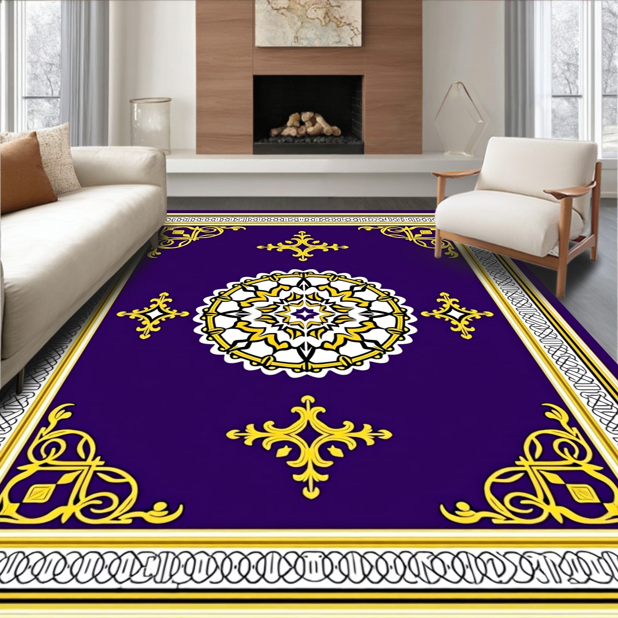 Ornate Gold Floral Medallion Rug