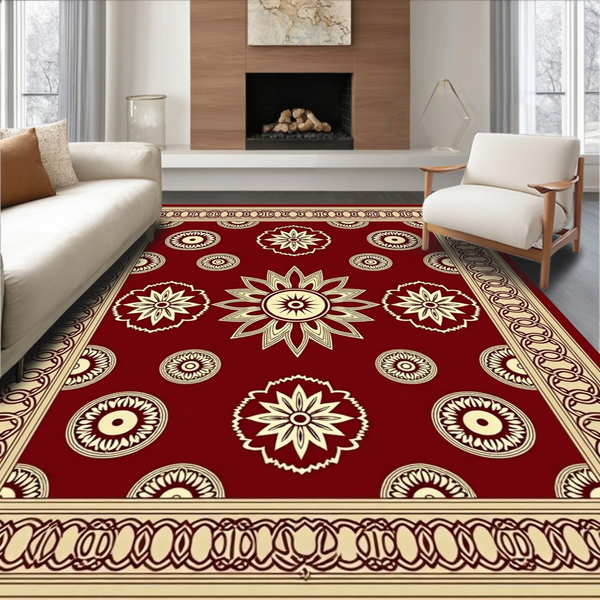 Floral Medallion Patterned Red Rug