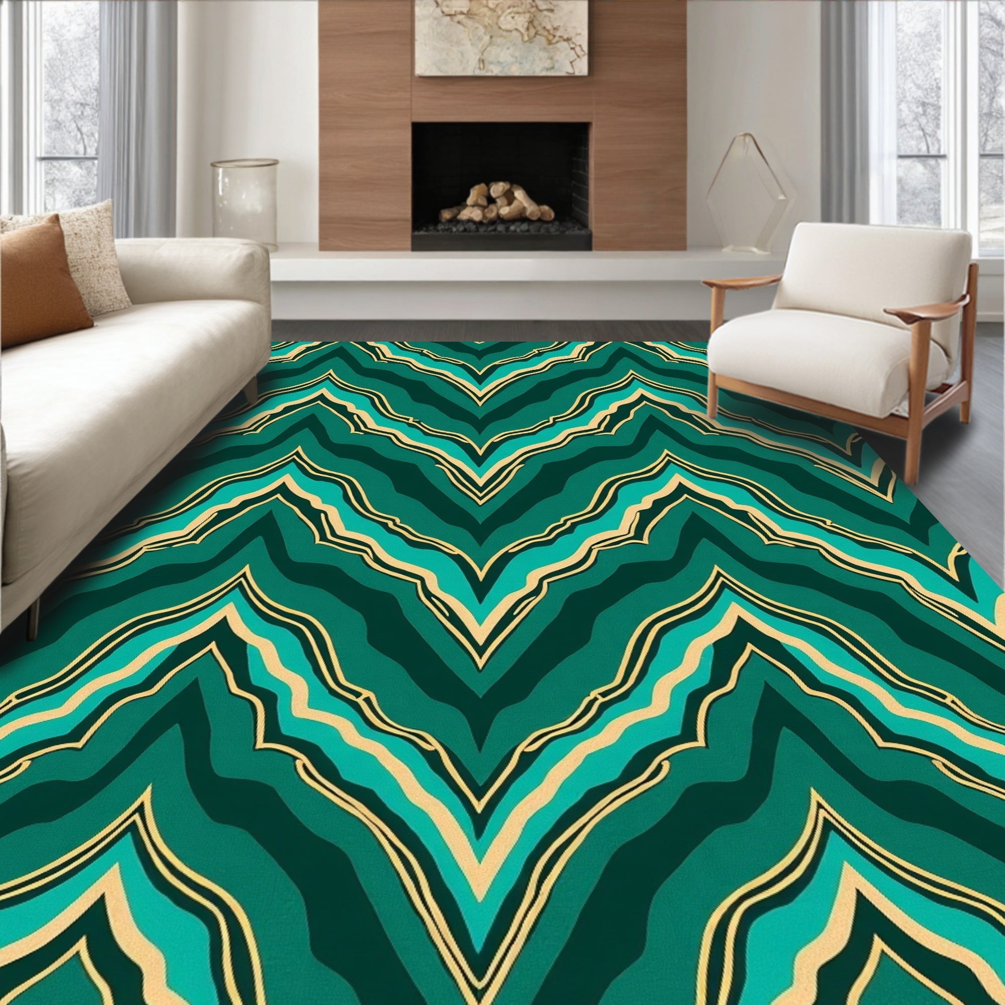 Emerald And Gold Chevron Pattern Rug