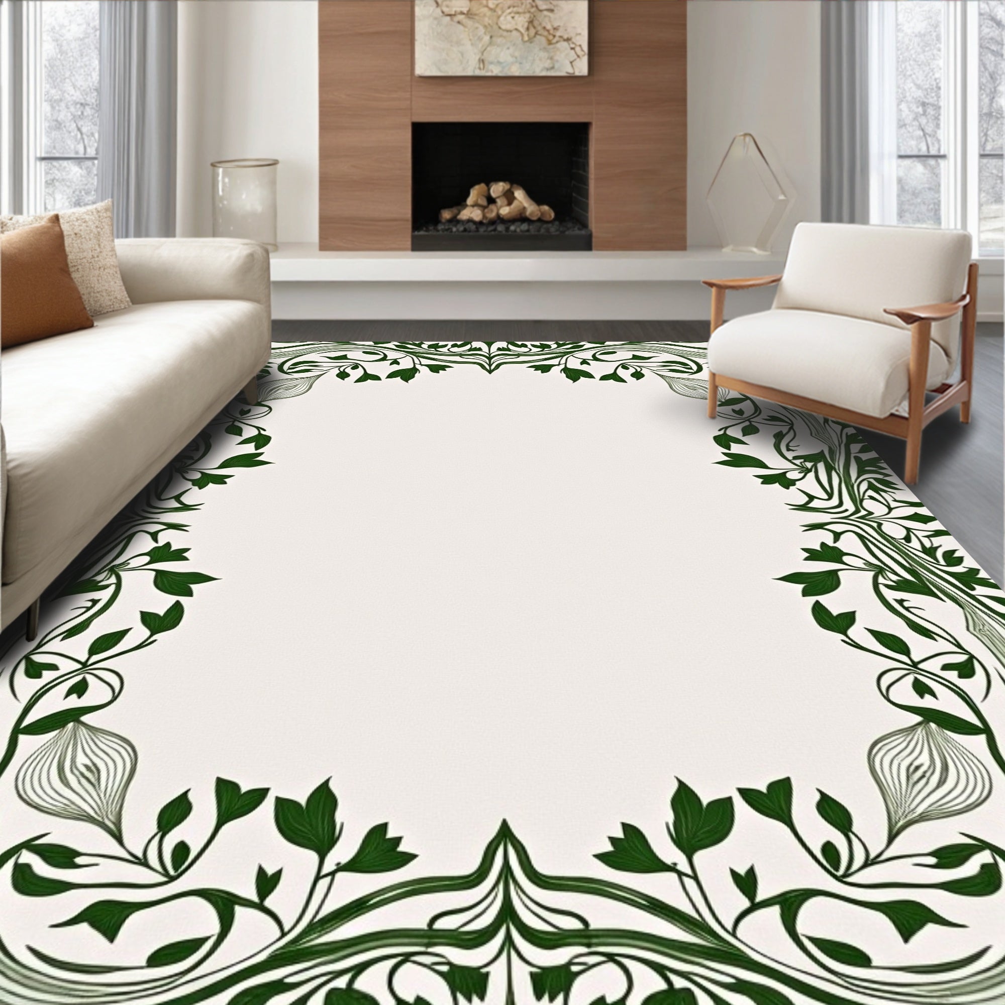 Art Nouveau Dark Green Floral Border Rug