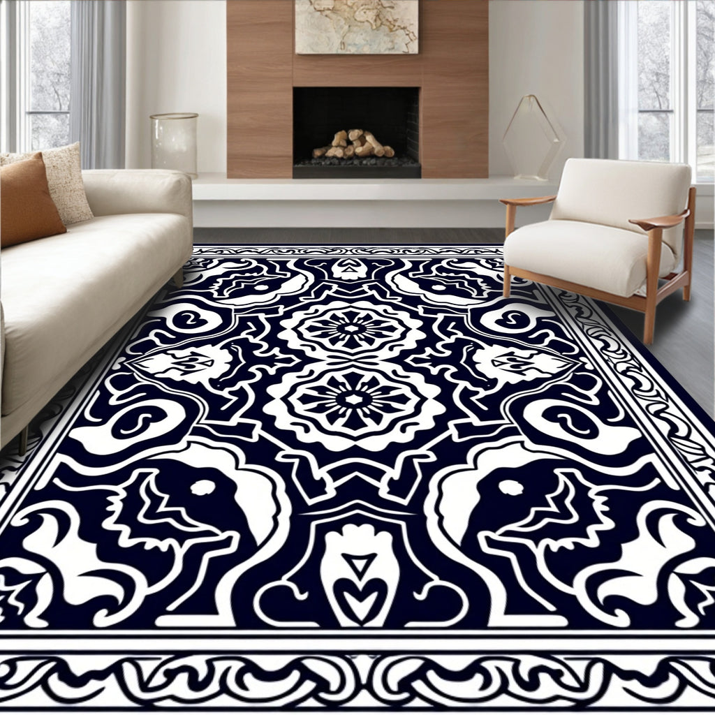 Dark Indigo White Symmetric Medallion Design Rug