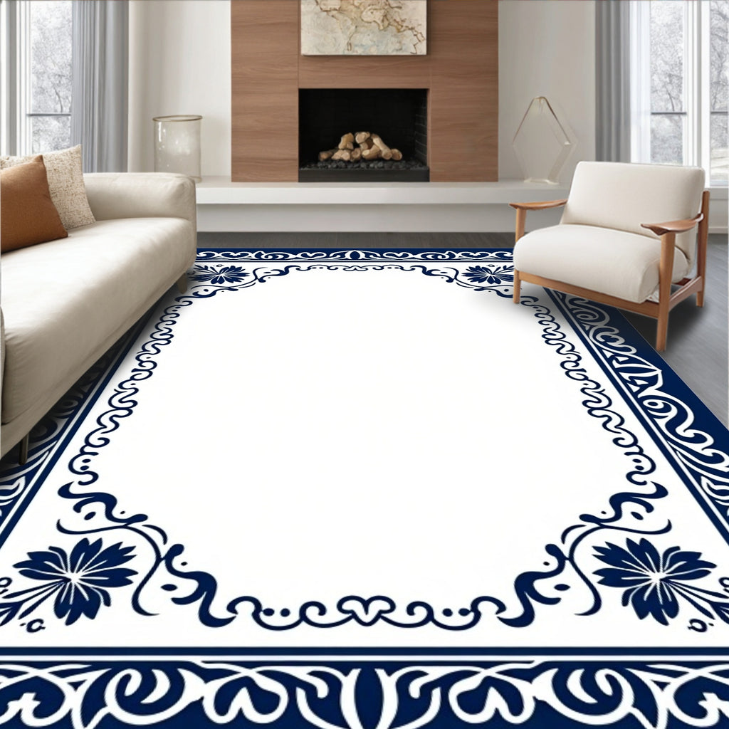 Navy Floral Scroll Border Design Rug