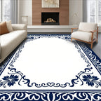 Navy Floral Scroll Border Design Rug
