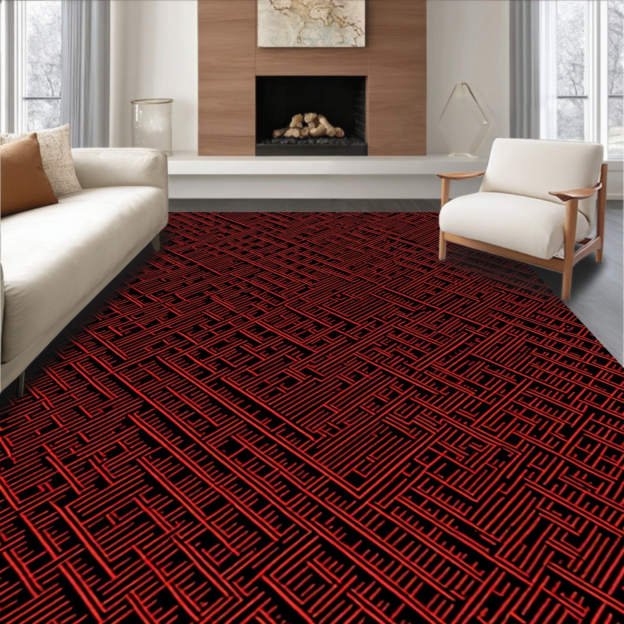 Bold Red Geometric Interlocking Pattern Rug