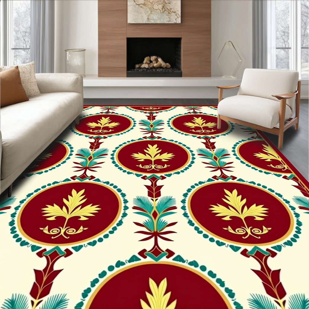 Rich Burgundy Yellow Teal Medallion Pattern Rug