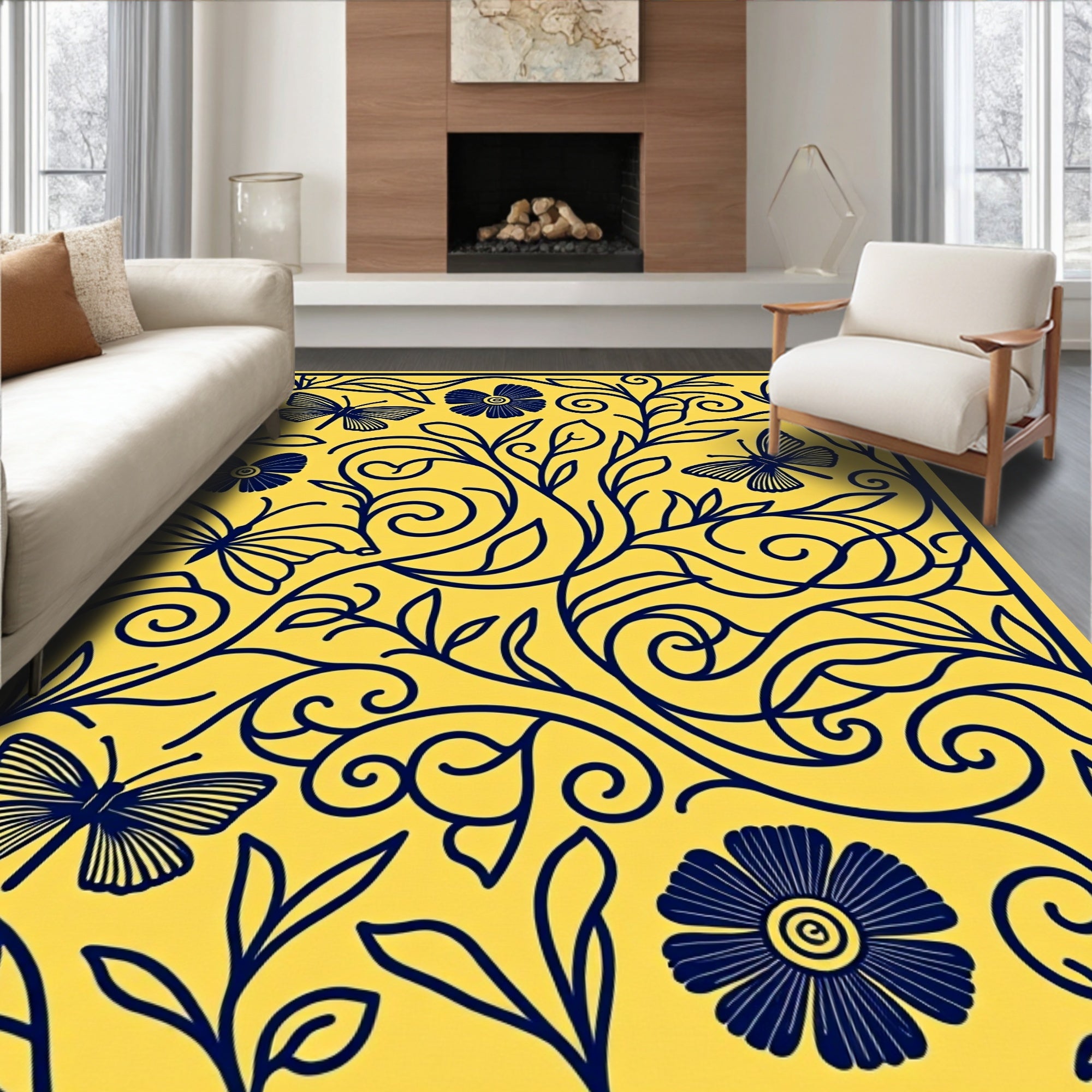 Blue Floral Butterflies On Yellow Background Rug