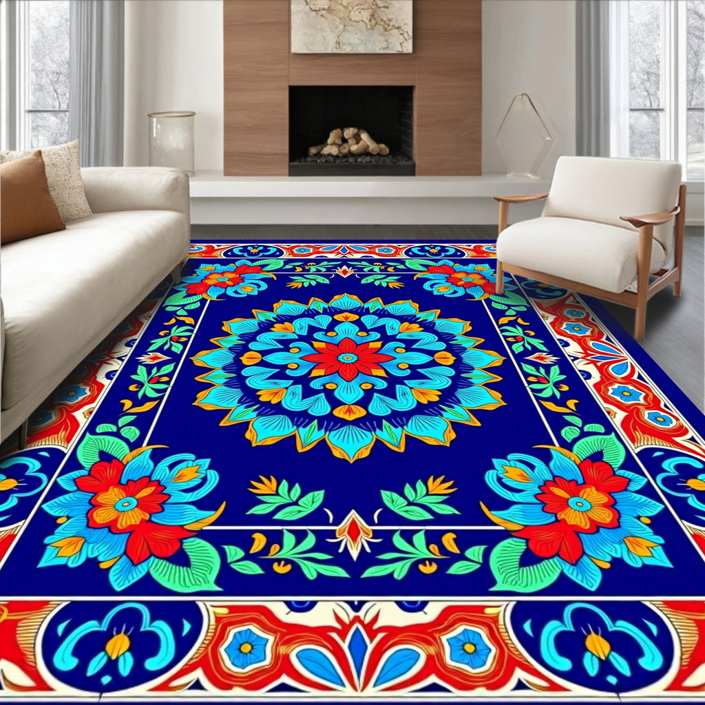 Vibrant Floral Mandalas Bordered Design Rug