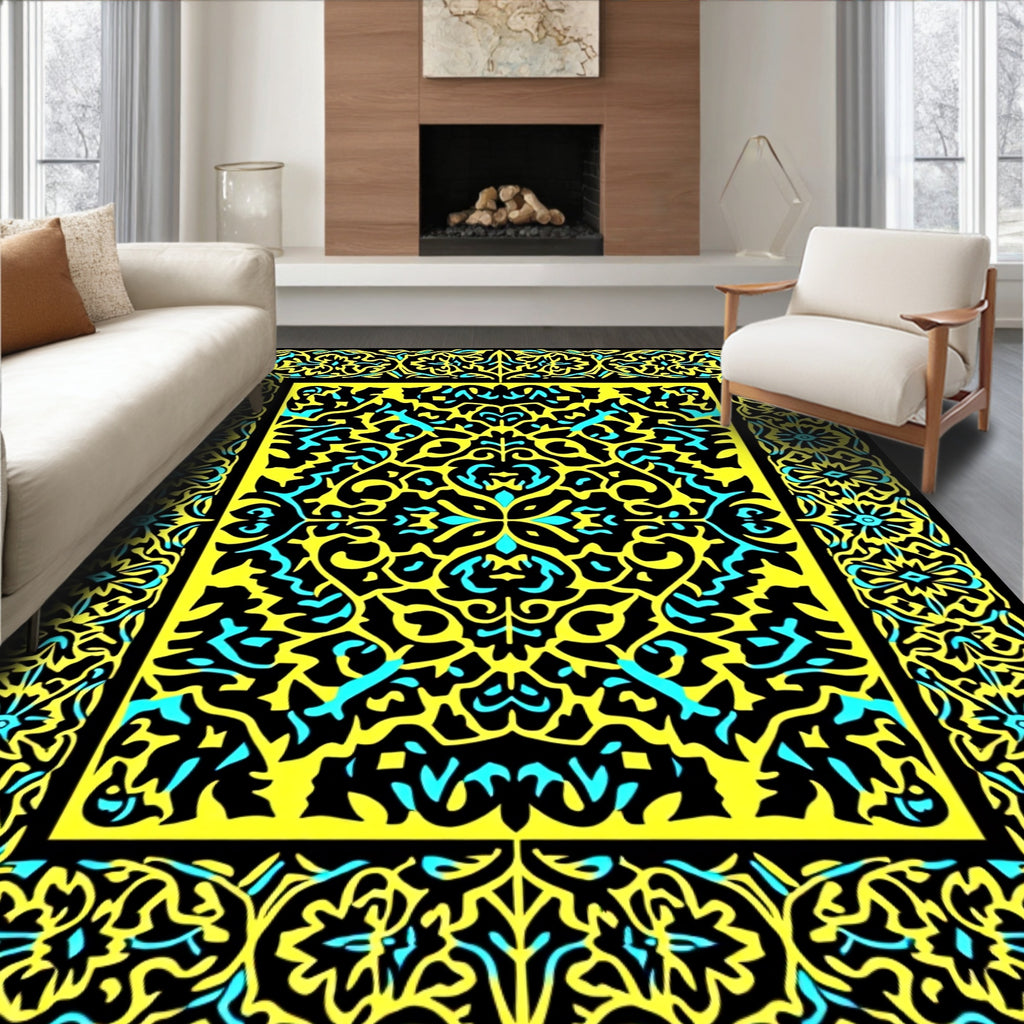 Bold Black Yellow Turquoise Floral Rug