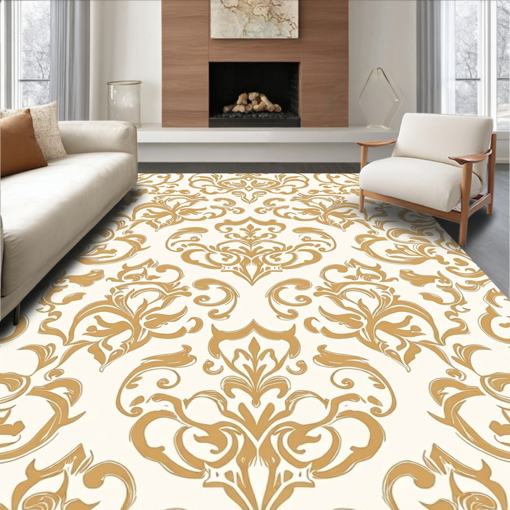 Opulent Gold Cream Damask Pattern Rug