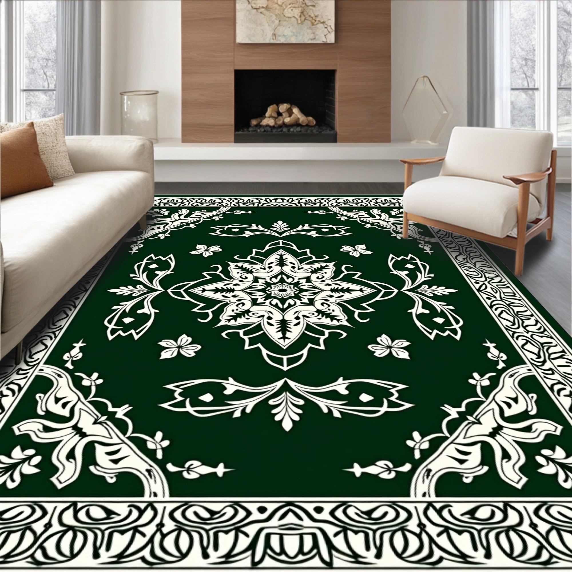 Ornate Green Floral Mandala Pattern Rug