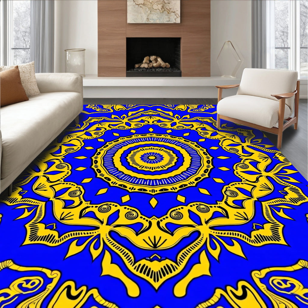 Vibrant Blue Yellow Mandala Pattern Rug