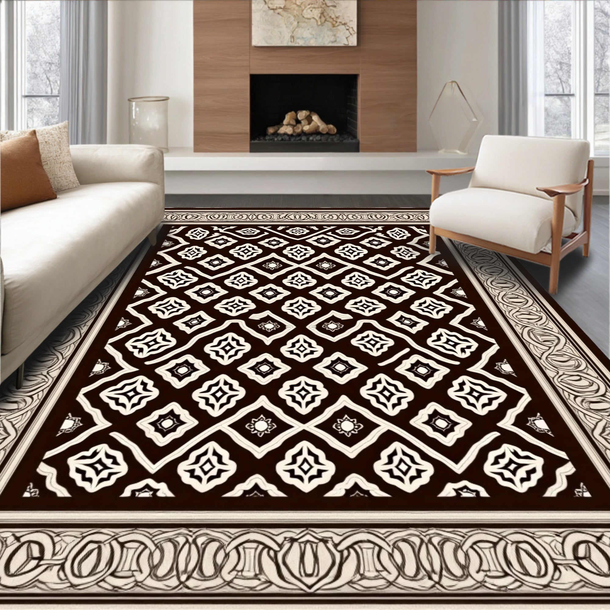 Classic Damask Patterned Contrasting Rug