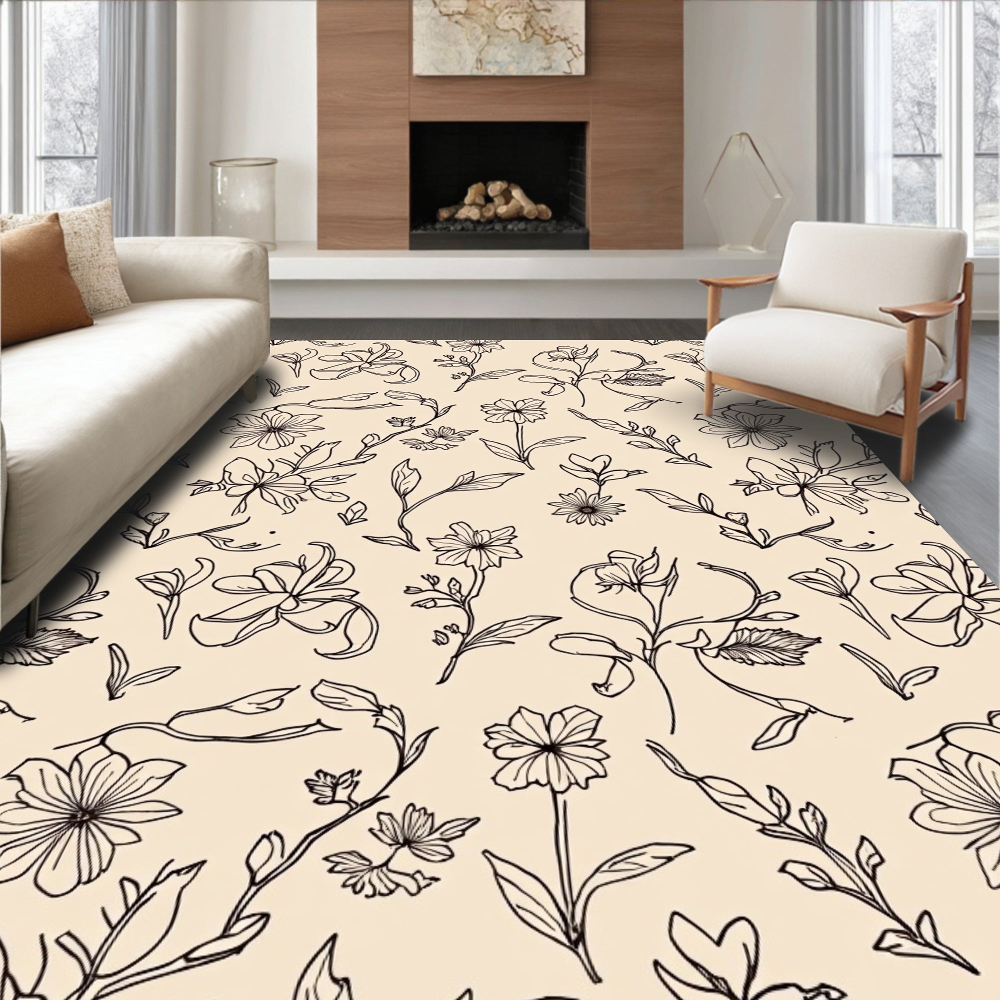 Delicate Outline Floral Branches Rug
