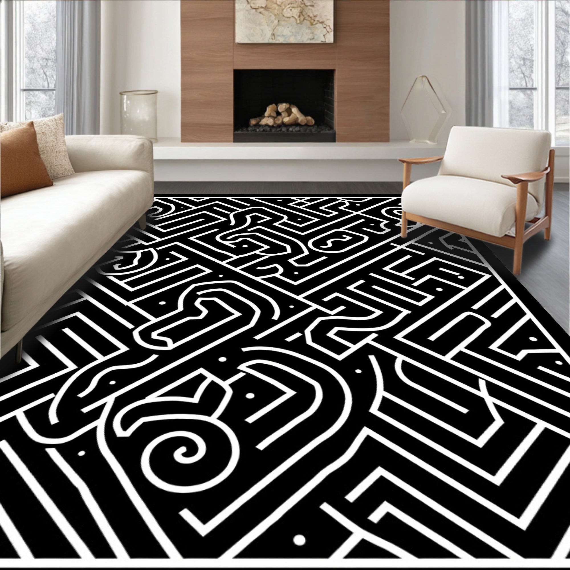 Black And White Abstract Maze Design Rug