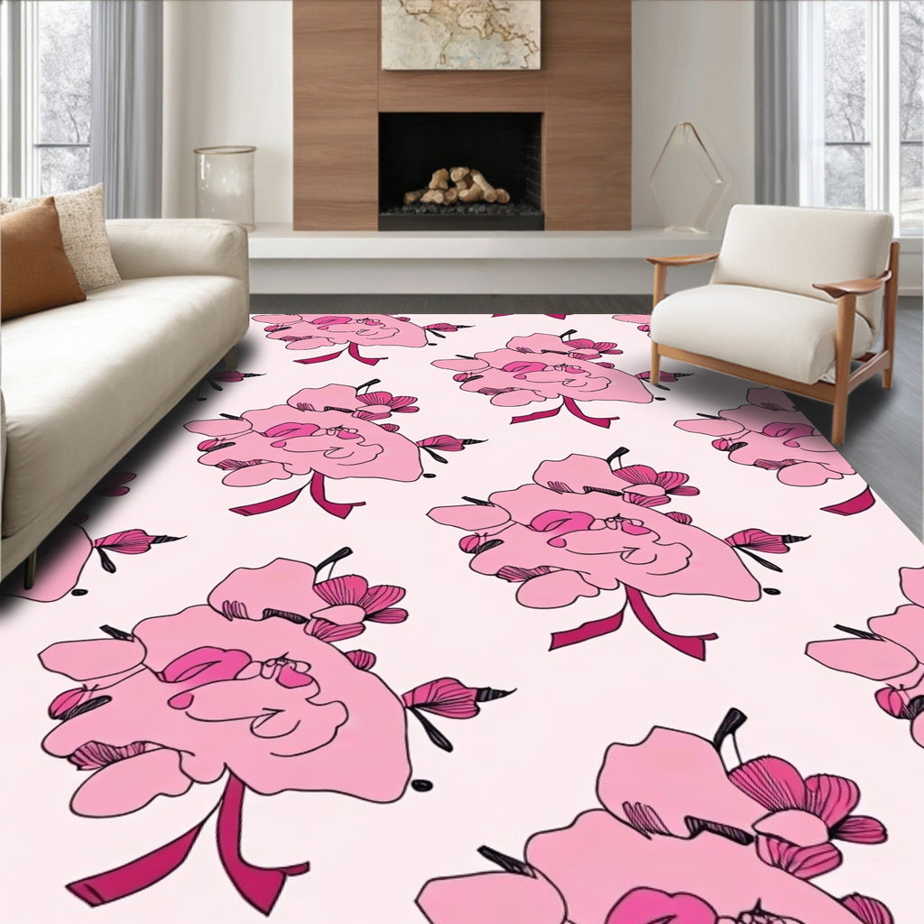 Pink Floral Sketch Pattern Design Rug