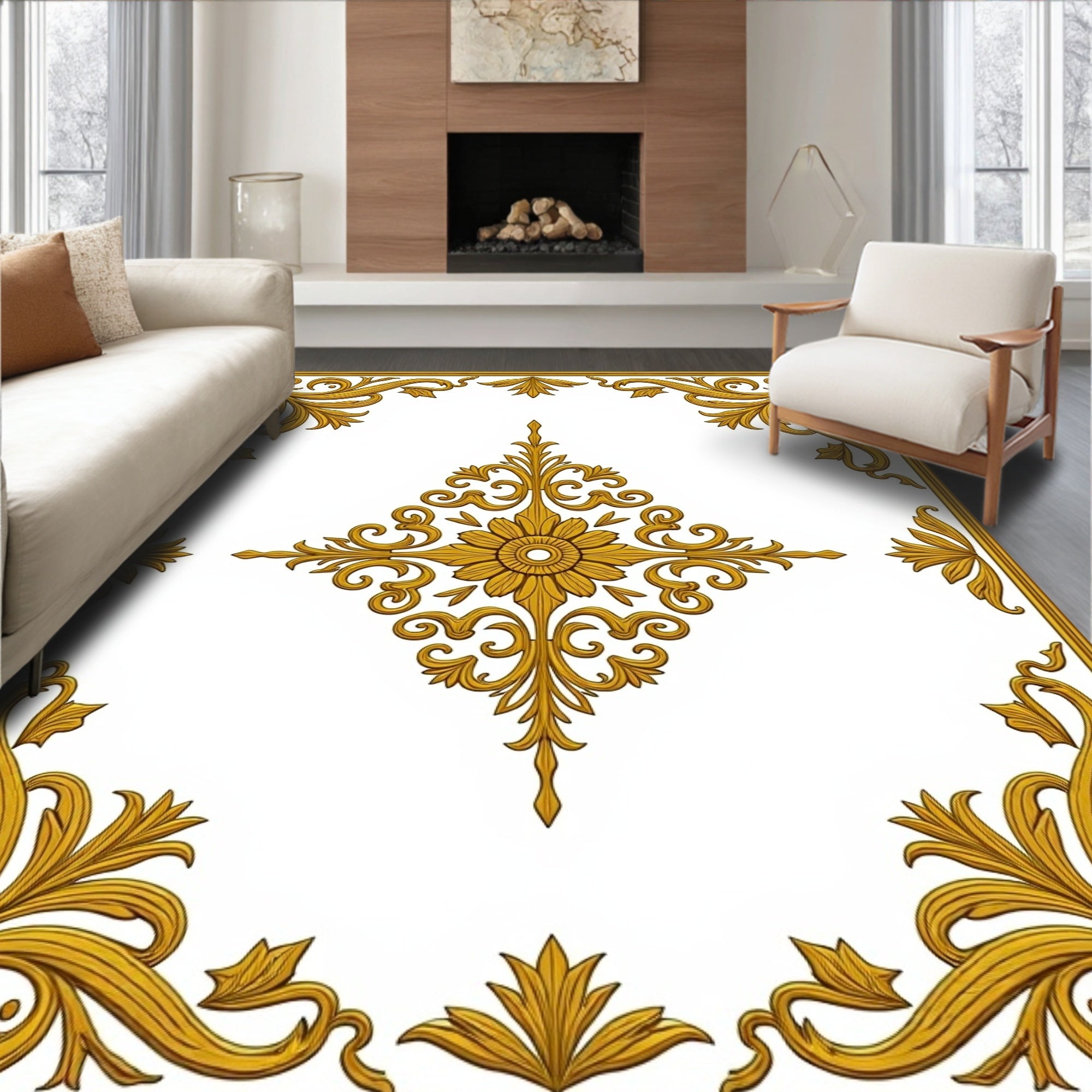 Ornate Gold Floral Scrollwork Rug