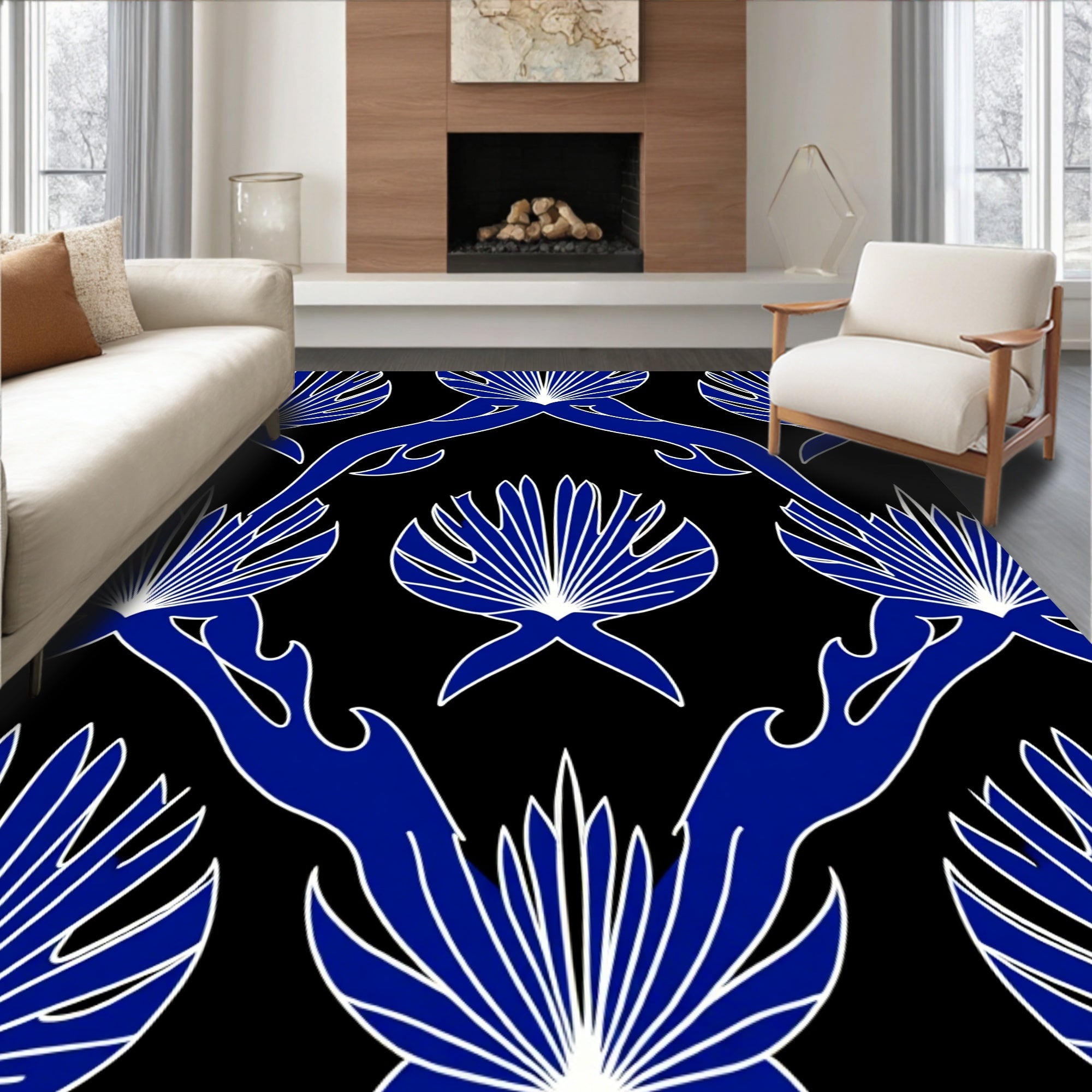 Royal Blue Fan Pattern Design Rug