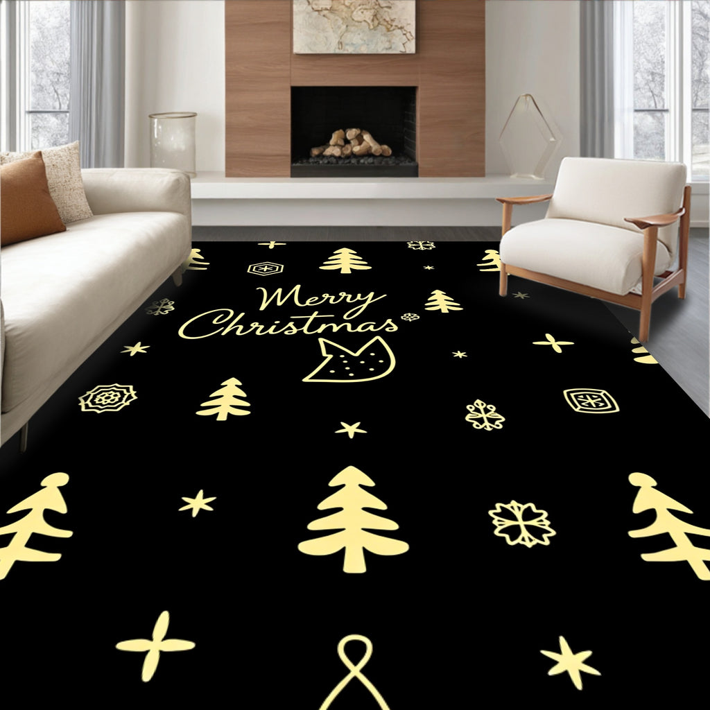 Festive Gold Christmas Trees Snowflakes Accents Rug
