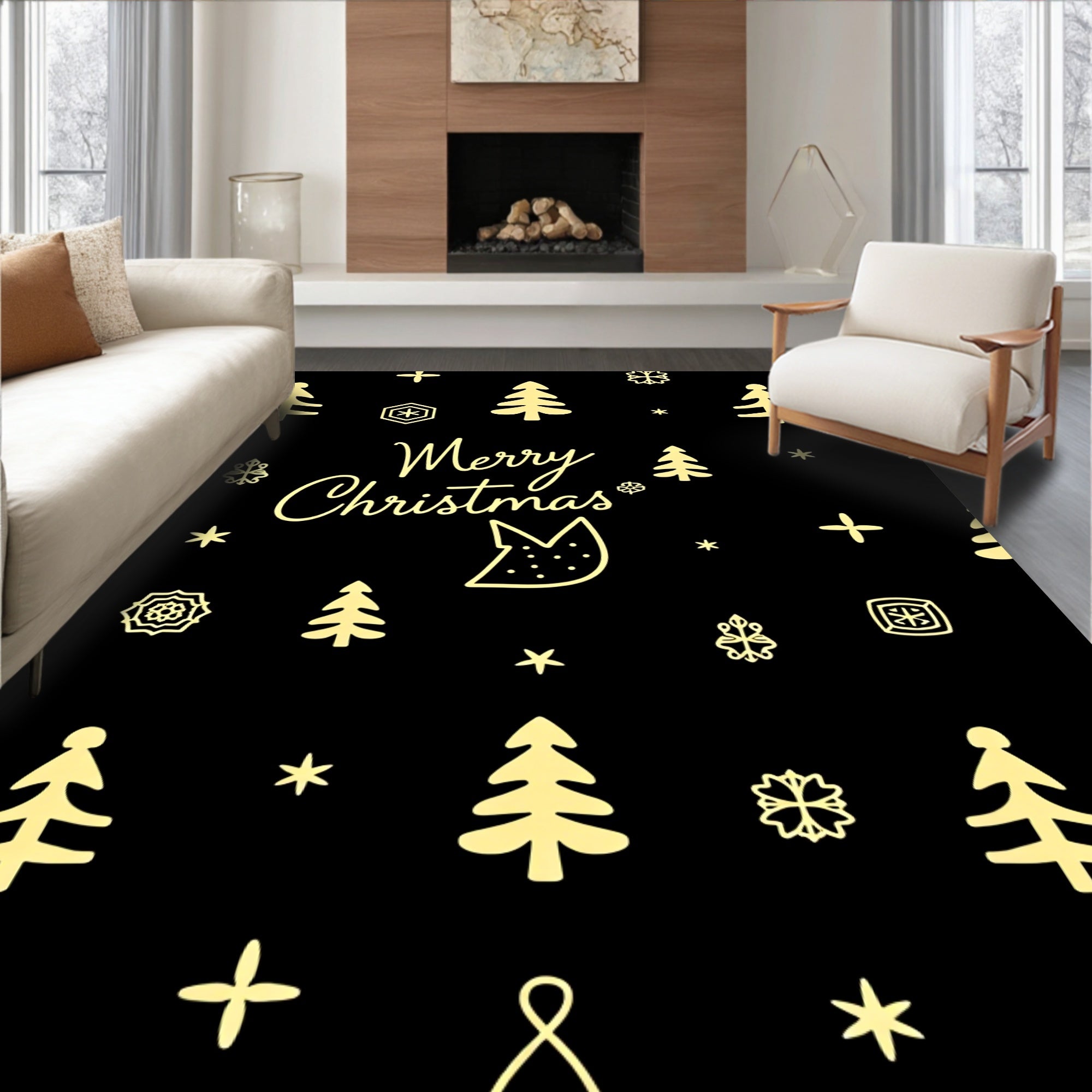 Festive Gold Christmas Trees Snowflakes Accents Rug