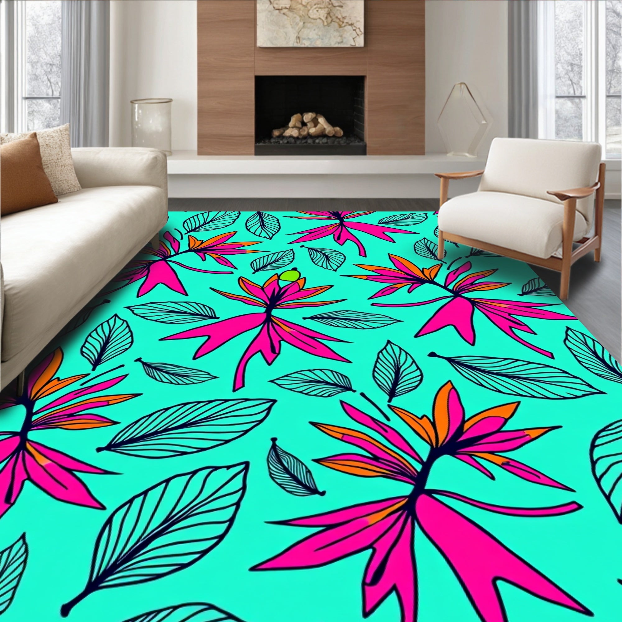 Tropical Orchid Leaf Pattern Rug