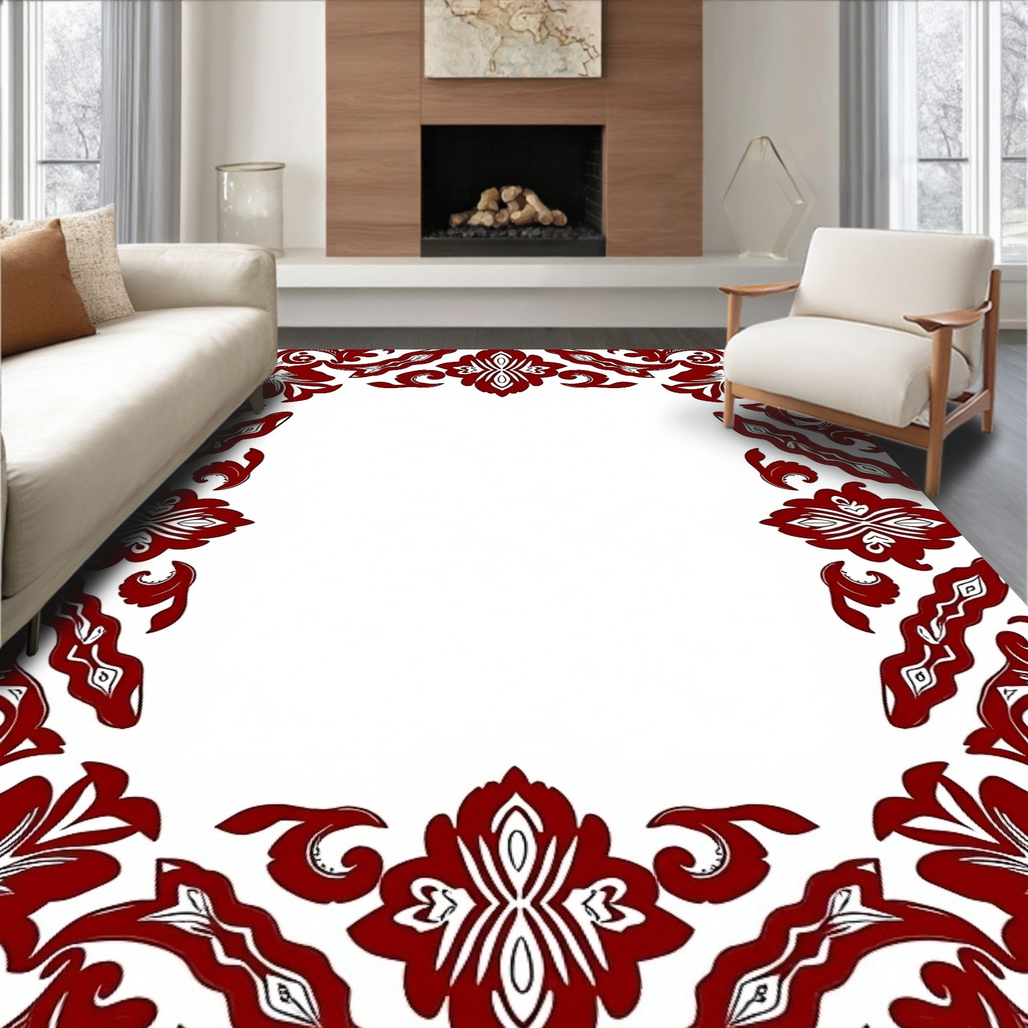 Rich Red Ornate Floral Border Rug