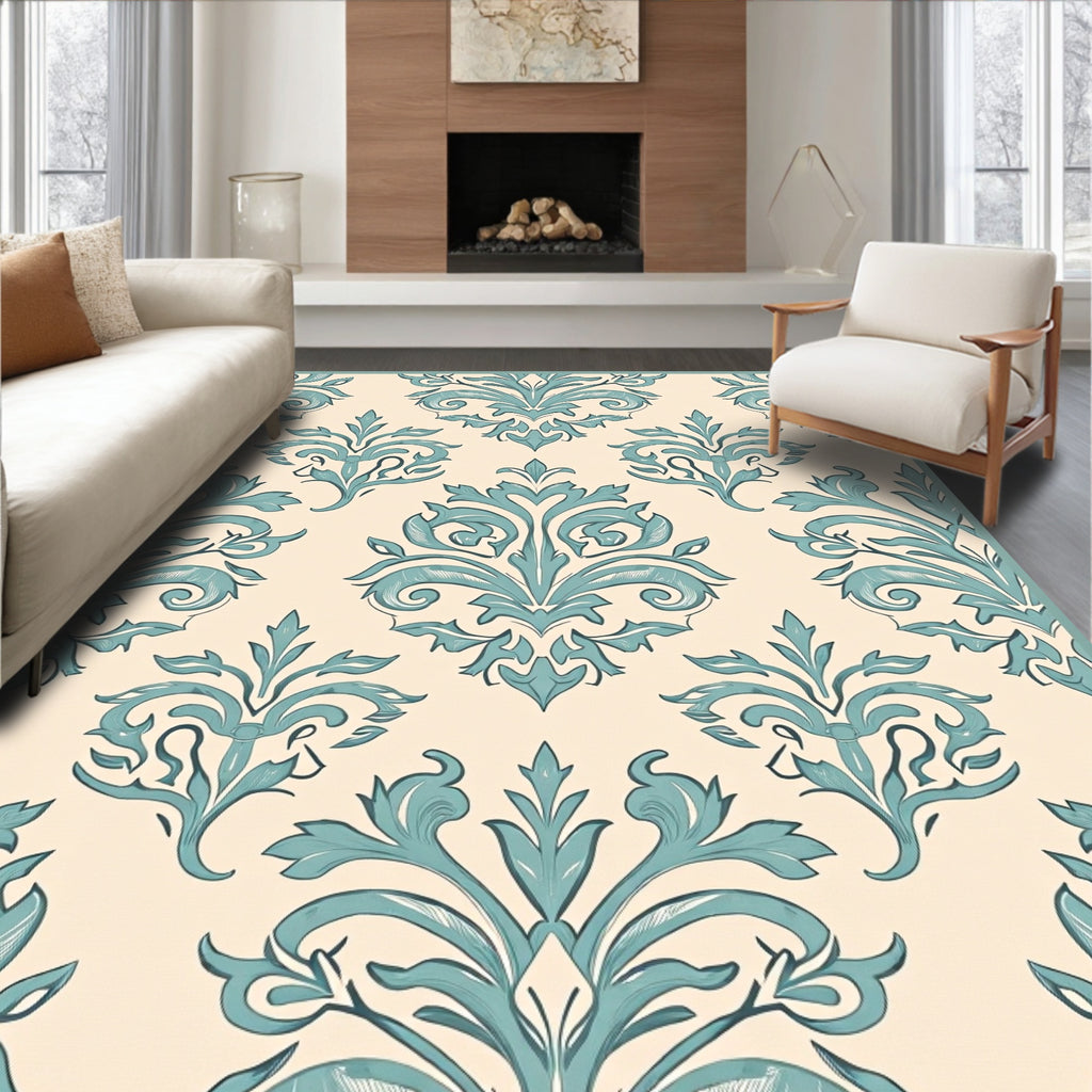 Elegant Teal Damask Floral Pattern Rug